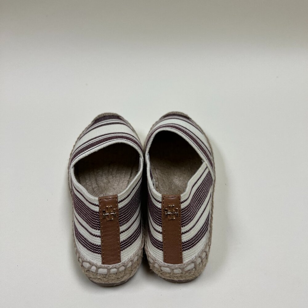 NEW Tory Burch Striped  Ivory /Dark Plum Canvas Espadrilles Shoes Sz 6